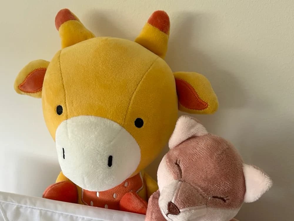 A girafa e a raposinha de pelúcia da Maria, encostadas no trocador.